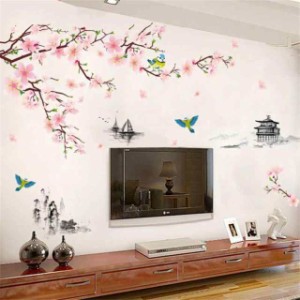 【送料無料】Condessacity ウォールステッカー 木 ピンク 花 鳥 絵画風 壁シール 墨と水彩で描かれた 東屋 帆船 山 ウォールすてっかー 