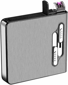 電子ライター USB充電式ライター プラズマ シガレットケース タバコケース 20本収納 防風 煙草ケース 防水 防湿 シルバー