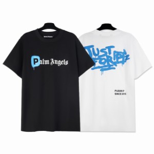 PalmAngels パームエンジェルズグラフィティプリントメンズとレディース半袖ルーズラウンドネックカジュアルコットンTシャツ