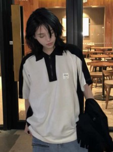 Stussy 黒と白のパッチワーク・ポロシャツ半袖Tシャツ