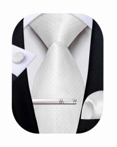 【送料無料】DiBanGu メンズ 高級ネクタイ 白格子 結婚式 ビジネス用 ホワイト ネクタイ4点セットフォーマル ギフトボックス付き
