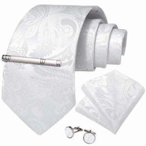 【送料無料】DiBanGu シルク ネクタイ 結婚式 ホワイト ネクタイ ペイズリー ポケットチーフ タイピン セット ギフトボックス付き