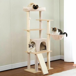 キャットタワー 木製 スリム おしゃれ  キャットタワー 木目調 据え置きタイプ 広い見晴らし台 ハンモンク 猫ハウス 猫部屋 猫おもちゃん