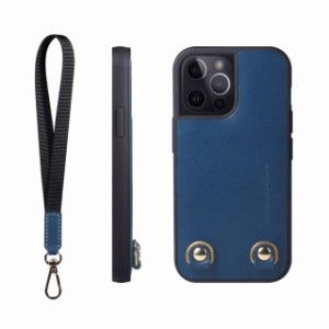 [HANATORA] iPhone ケース イタリアンレザー 本革 ダブルストラップホール ハンドストラップ付属 TGN-14Pro-Blue ブルー iPhone 14 Pro