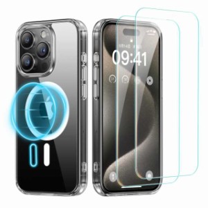 NIMASO ガラスフイルム（2枚）+ケース iPhone15 Pro用 クリア 保護ケース Magsafe対応 黄変防止 マグネット搭載 保護フィルム 強化ガラス