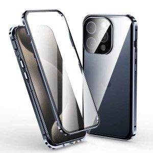 【送料無料】全面 クリア ケース iPhone 15 Pro Max ケース 強化ガラス付き 両面透明 カバー マグネット式 ロック機能付き 一体型レンズ