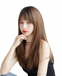 ウィッグ セミロング グラデーション ストレート ぱっつん フルウィッグ かつら レディース wig 自然 小顔 ブラック＆亜麻