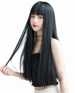 ウィッグ ロング ストレート かつら フルウィッグ 自然 ぱっつん 小顔 人気 耐熱 wig 原宿系 ファッション ネット/櫛付き 黒 ブラック