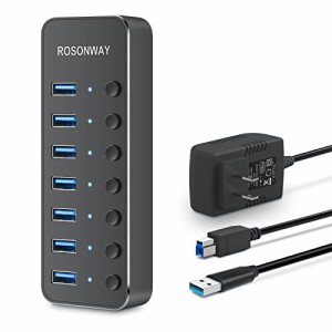 ROSONWAY USBハブ 3.0 電源付き 7ポート USB Hub アルミ製 5Gbps高速転送 セルフパワーとバスパワー両用 5V 電源 独立スイッチ付き