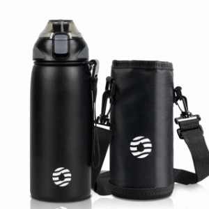 FJbottle 水筒 600ml 真空断熱 マグボトル(ストラップ付き) ワンタッチ 保温 保冷 洗いやすい 広口 ステンレスボトル 水筒カバー 洗浄用