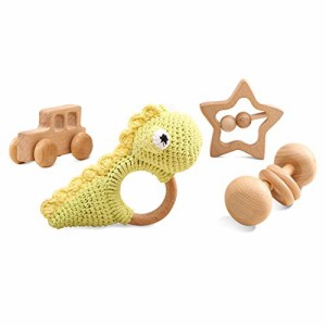 Let‘s make ラトル ガラガラ 赤ちゃん おもちゃ 恐竜 4個セット 出産祝い 木製 無塗装 幼児 出産祝い 女の子 人気ランキング ミニカー