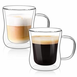 ComSaf ダブルウォール グラス タンブラー グラス コップ 取っ手付 二重構造 保温 保冷 250ml コーヒー ミルク ジュース 電子レンジ対応