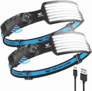 TD-0123 Smiling Shark 充電式 LED ヘッドライト, 【2023年最新款・PSE？？・白光2個セット】 USB充電可能 6 倍高輝度アウトドアヘッドラ