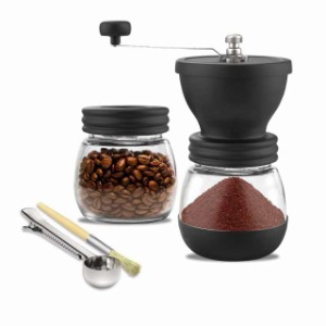 コーヒーグラインダー手動ガラス瓶2個木製ブラシステンレススプーン粗さ調整可能コーヒーミルコーヒーグラインダーキャンプ、旅行、家庭