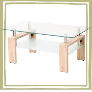 (OSJ)ガラステーブル コーヒーテーブル 幅88CM 強化ガラス天板 (クリア天板+木目脚)