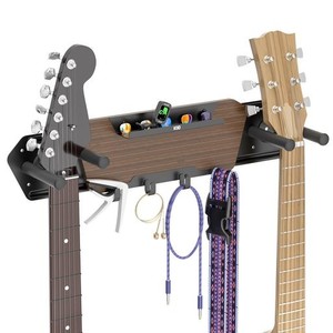 KDD ギタースタンド 壁掛け 2本収納 木製 ギターフック 取り外し可能 ギターハンガー ピックホルダーと4つのフック付き 耐荷重 18KG ベー