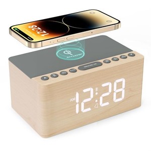 ANJANK 木製目覚まし時計付きBLUETOOTHスピーカー、FM ラジオ、ワイヤレス充電器、USB 充電ポート、0~100%