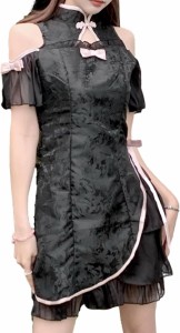 チャイナ服 チャイナドレス ハロウィン コスプレ コスチューム 衣装 半袖 ワンピース( ブラック,  S)