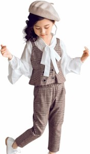 女の子 フォーマル スーツ ３点セット ガールズ ブラウス 長袖 パンツ ベスト 子供服( ブラウン,  120)