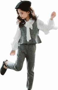女の子 フォーマル スーツ ３点セット ガールズ ブラウス 長袖 パンツ ベスト 子供服( グレー,  140)