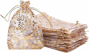 オーガンジー ギフトバッグ 巾着袋 ジュエリーポーチ MDM( ローズ ゴールド,  約50枚 18x13cm)