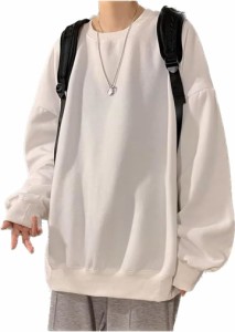 メンズ トレーナー 長袖 丸襟 Tシャツ プルオーバー カジュアル MDM( ホワイト,  2XL)