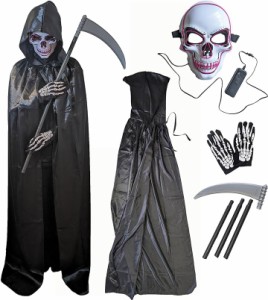 死神 コスプレ ハロウィン 衣装 LED 光るマスク ドクロお面 黒マント 骸骨 フェイスマスク コスチューム 仮装