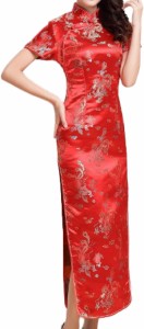 大きいサイズ チャイナドレス コスプレ ロング 女装 スリット 半袖 衣装 男性 メンズ( レッド,  4XL)
