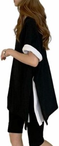リリカ Tシャツ コットン チュニック 半袖 ロング 体型カバー サイド スリット 無地( ブラック,  XL)
