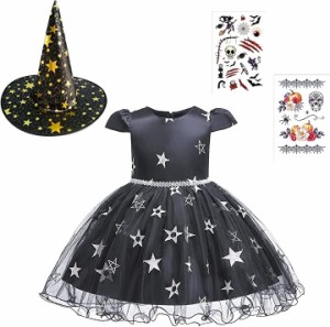 ZAIDEA 魔女 ドレス 子供 ハロウィン 衣装 タトゥーシール付き 3点セット 仮装( ブラック,  100)