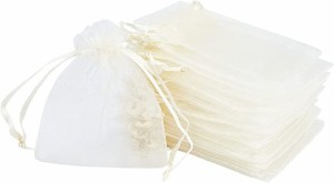 オーガンジー 巾着袋 ギフトバッグ アクセサリーや小物入れに 包装用 無地 ホワイト MDM( 白,  10x8cm)