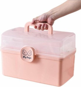 救急箱 薬箱 大容量 3層式 収納 ツールボックス 工具箱 持ち運び便利 ハンドル付( ピンク)