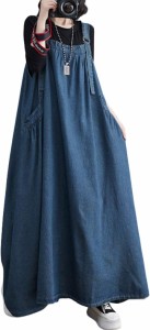 ゆったり デニム サロペット スカート おしゃれ ロング 春 無地 体型カバー カジュアル( ブルー,  XL)