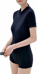 水着 ラッシュガード 半袖 フルジップ 前開き uvカット ハイネック 上下 ワンピース( ブラック,  XL)