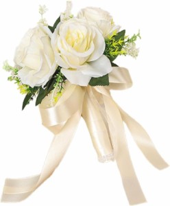ウエディングブーケ 造花 バラ ブライダル 結婚式 撮影小道具 花嫁 フラワーブーケ 花束( ホワイト)