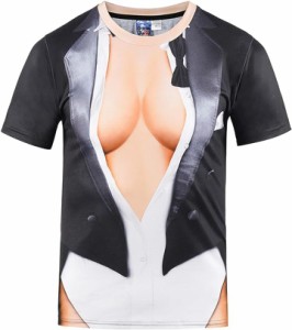 おもしろtシャツ レディース タキシード風 胸元 セクシー 面白いtシャツ メンズ 半袖 スリム Mサイズ( M)