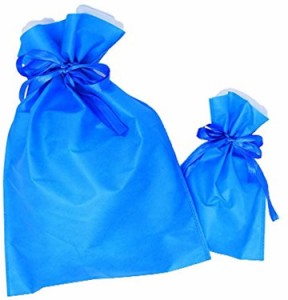 巾着袋 ギフトバッグ 5枚セット ＋ミニカードラッピング 不織布 リボン付 プレゼント( ブルー,  L)