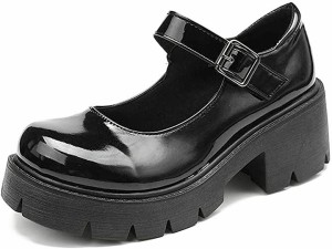 厚底 靴 パンプス ストラップ ヒール 6cmシューズ レディース 黒( 黒 ツヤあり,  23.0 cm)
