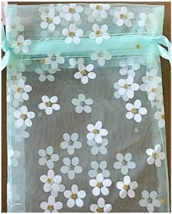 母の日 ラッピング 巾着袋 10枚 オーガンジー 花柄 ギフト 包装( グリーン,  16x23cm)