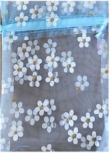 母の日 ラッピング 巾着袋 10枚 オーガンジー 花柄 ギフト 包装( ブルー,  10x14cm)