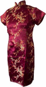 チャイナドレス ミニ丈 チャイナワンピース 半袖 チャイナ服 刺繍 スリット入 衣装( ワインレッド,  XL)