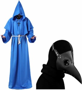 中世 修道士 コスプレ ハロウィン 僧侶 仮装 ローブ フード ＆ ペストマスク Lサイズ ブルー( ブラック)