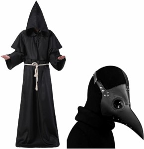 中世 修道士 コスプレ ハロウィン 僧侶 仮装 ローブ フード ＆ ペストマスク Lサイズ ブラック( ブラック)