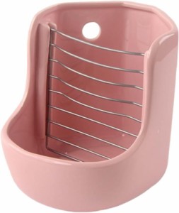 牧草ポット 陶器 ウサギ チモシー 餌入れ 小動物 食器 餌箱 フィーダー コーナー型 固定可能( ピンク)