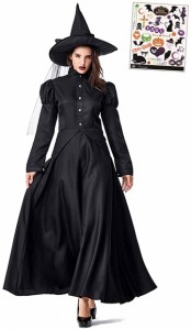 魔女 クラシカル 本格 コスプレ ロングスカート ブラック ドレス 黒魔女 ハロウィン 魔法使い( 黒,  XL)