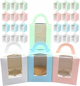 ケーキボックス カップケーキ 箱 窓付き 24個 菓子箱 手提げ箱 紙箱 ギフトボックス( 白・青・緑・ピンク)