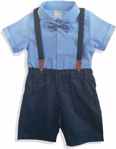 男の子 フォーマル 半袖 セットアップ おしゃれ着 子供服 サスペンダー 蝶ネクタイ 夏服( ブルー,  100)