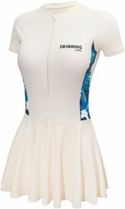 スイムウェア レディース スカートパンツ一体型 半袖 ワンピース 水着 スポーティータイプ( ホワイト,  XL)