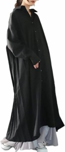 バックプリーツ ワンピース レディース ロング マキシ丈 長袖 大きいサイズ 前開き( ブラック,  XL)