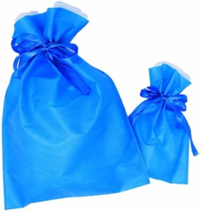 巾着袋 ギフトバッグ 5枚セット ＋ミニカードラッピング 不織布 リボン付 プレゼント( ブルー,  S)